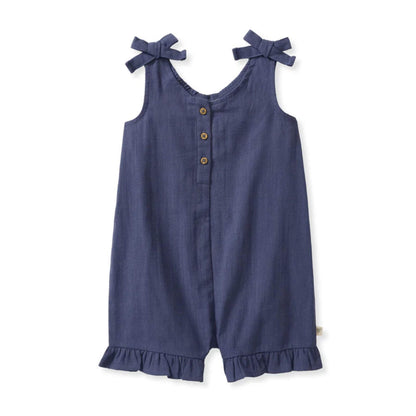 Organic Check Gauze Blue Girl Romper - Blue Smoke
