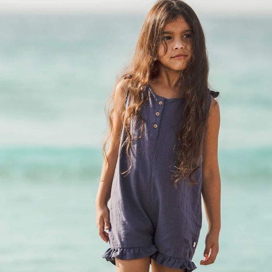 Organic Check Gauze Blue Girl Romper - Blue Smoke