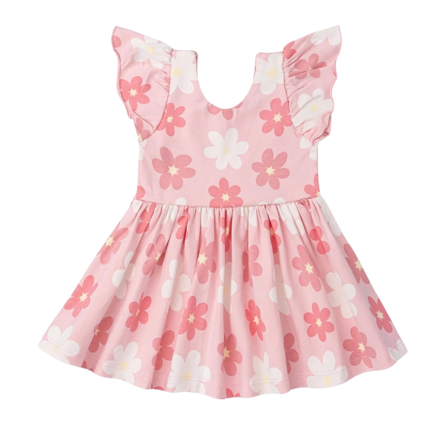 Organic Flutter Sleeve Toddler & Kid Dress - Pink Flowers