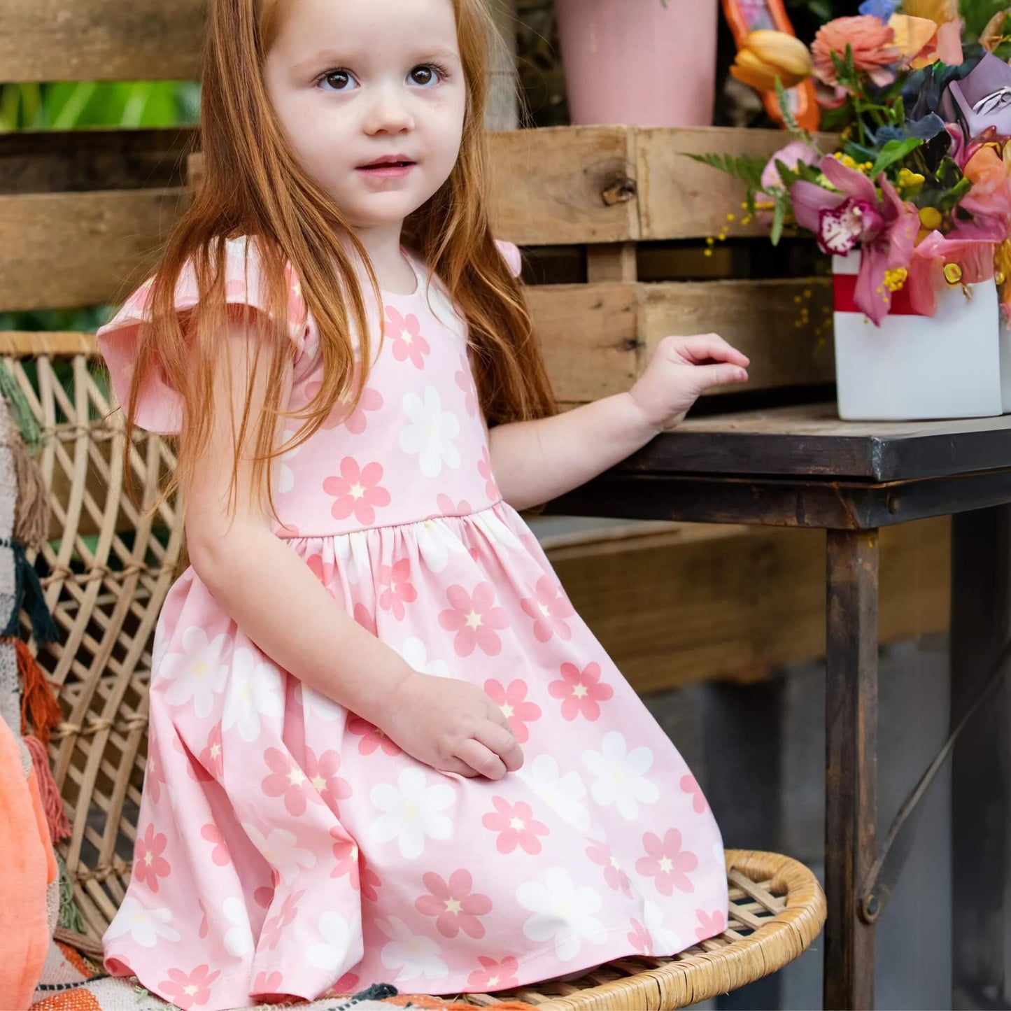 Organic Flutter Sleeve Toddler & Kid Dress - Pink Flowers