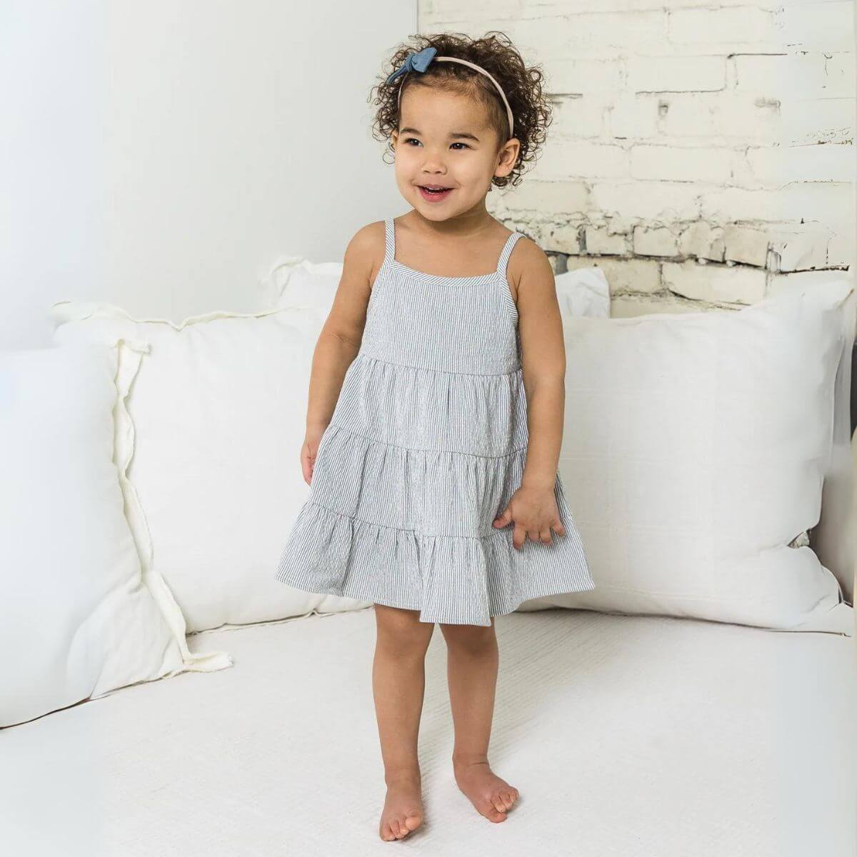 Organic Toddler Cari Seersucker Tiered Dress - Shore Stripe / Mist