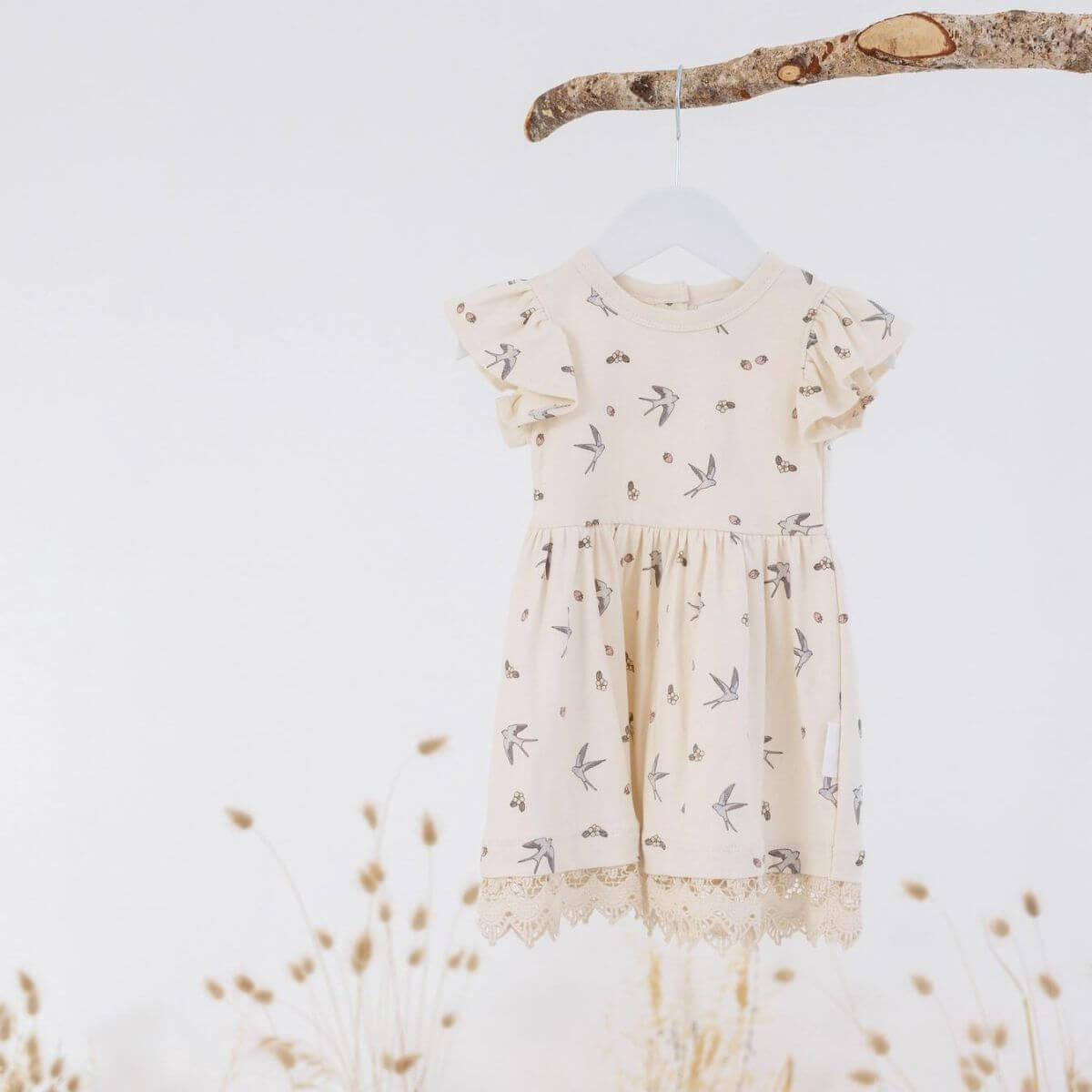 Organic Toddler Lace Flutter Sleeve Dress - Swallows