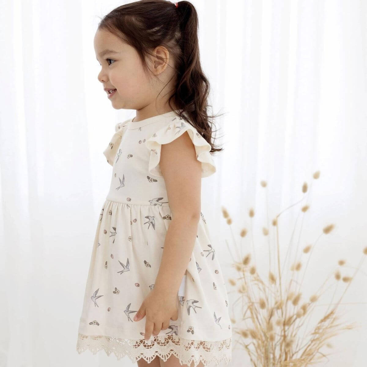 Organic Toddler Lace Flutter Sleeve Dress - Swallows