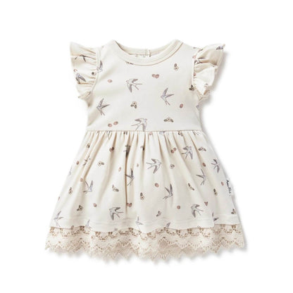 Organic Toddler Lace Ruffle Dress - Swallows