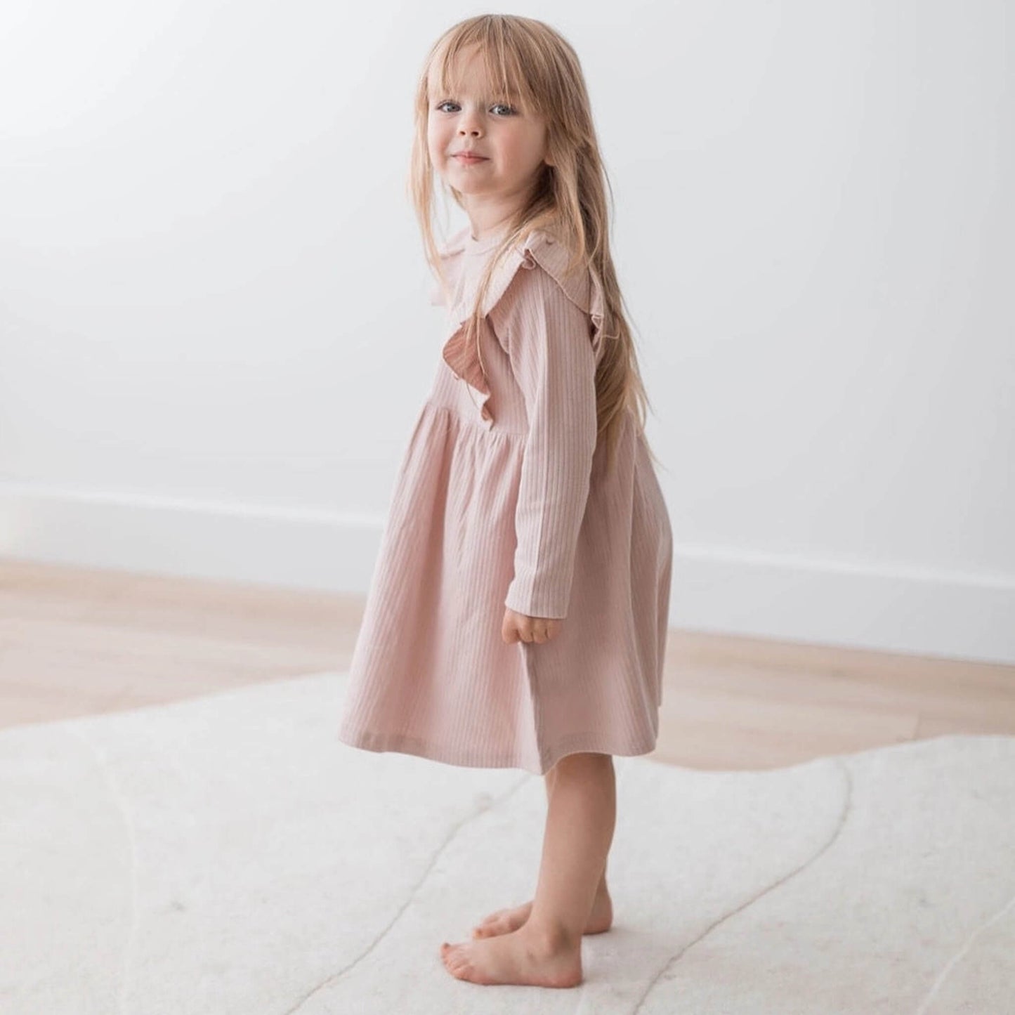 Organic Toddler Ribbed Flutter Dress - Blush