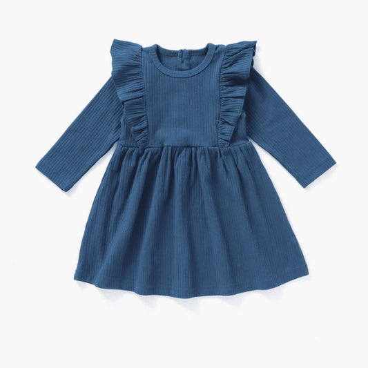 Organic Baby & Toddler Ribbed Flutter Dress - Navy