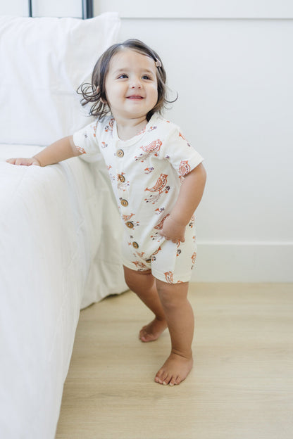 Organic Short Sleeve Baby Romper - Celadon Quail