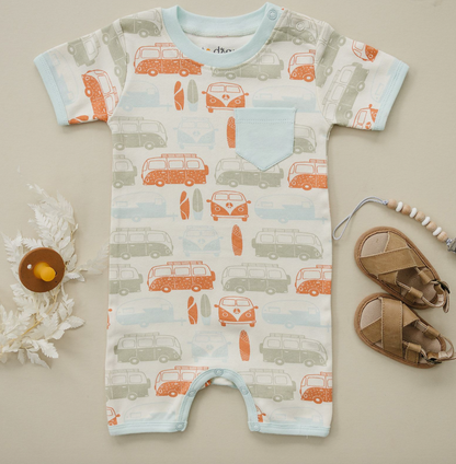 Organic Short Sleeve Baby Romper - Vintage Buses