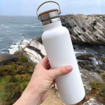 Stainless Steel Reusable Water Bottle with Bamboo Lid - White