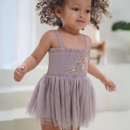 Valentina Organic Baby / Toddler Tutu Romper Dress - Mauve front view on model