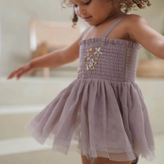 Valentina Organic Baby / Toddler Tutu Romper Dress - Mauve embroidery detail on chest