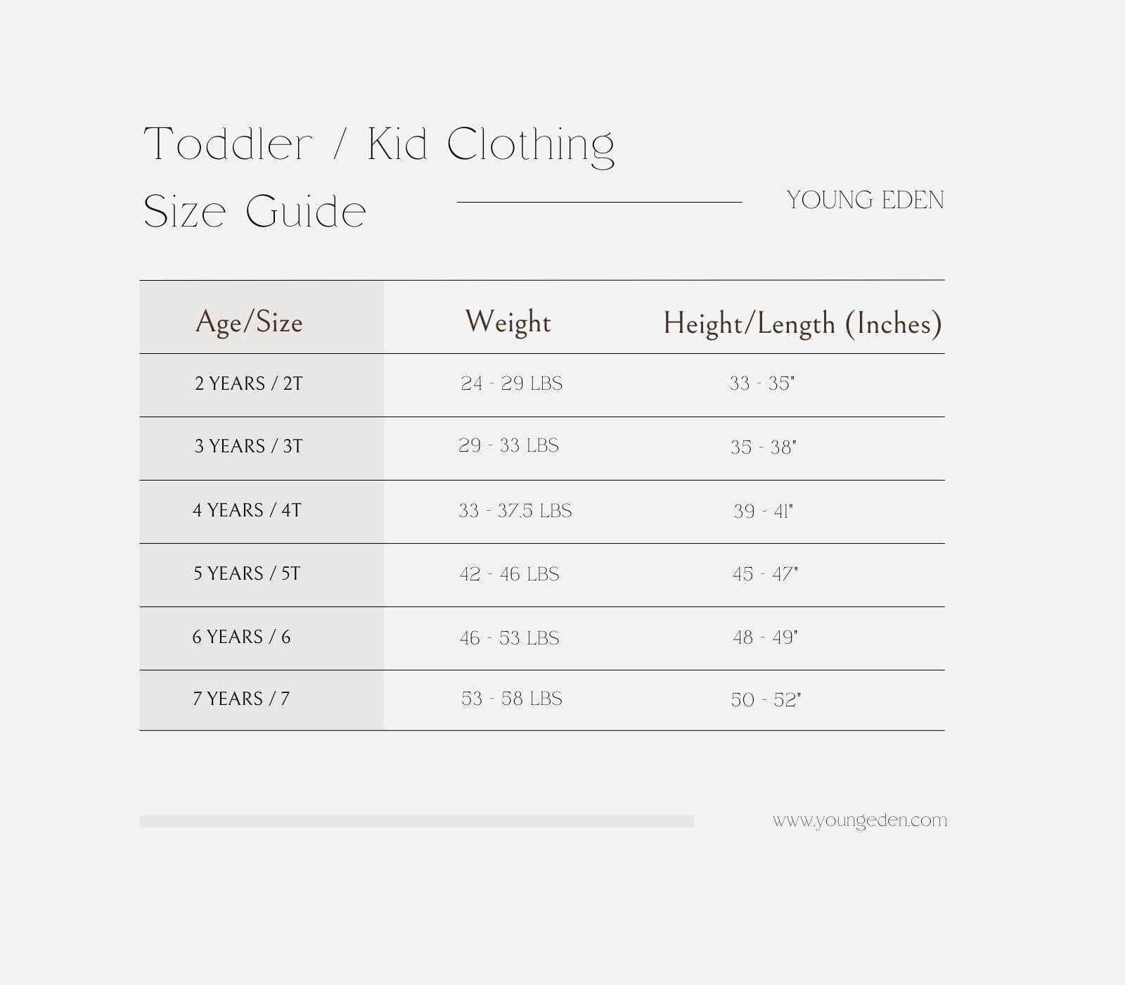 Size Guide Young Eden