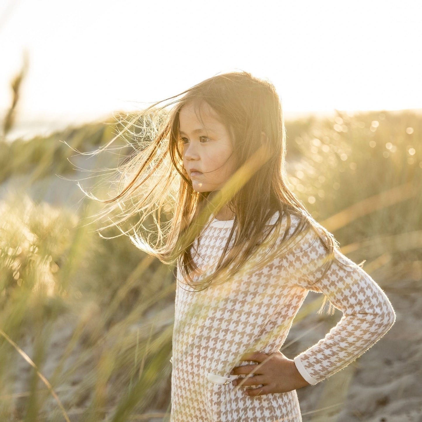 Girls Organic Houndstooth Sweater Dress - Tan