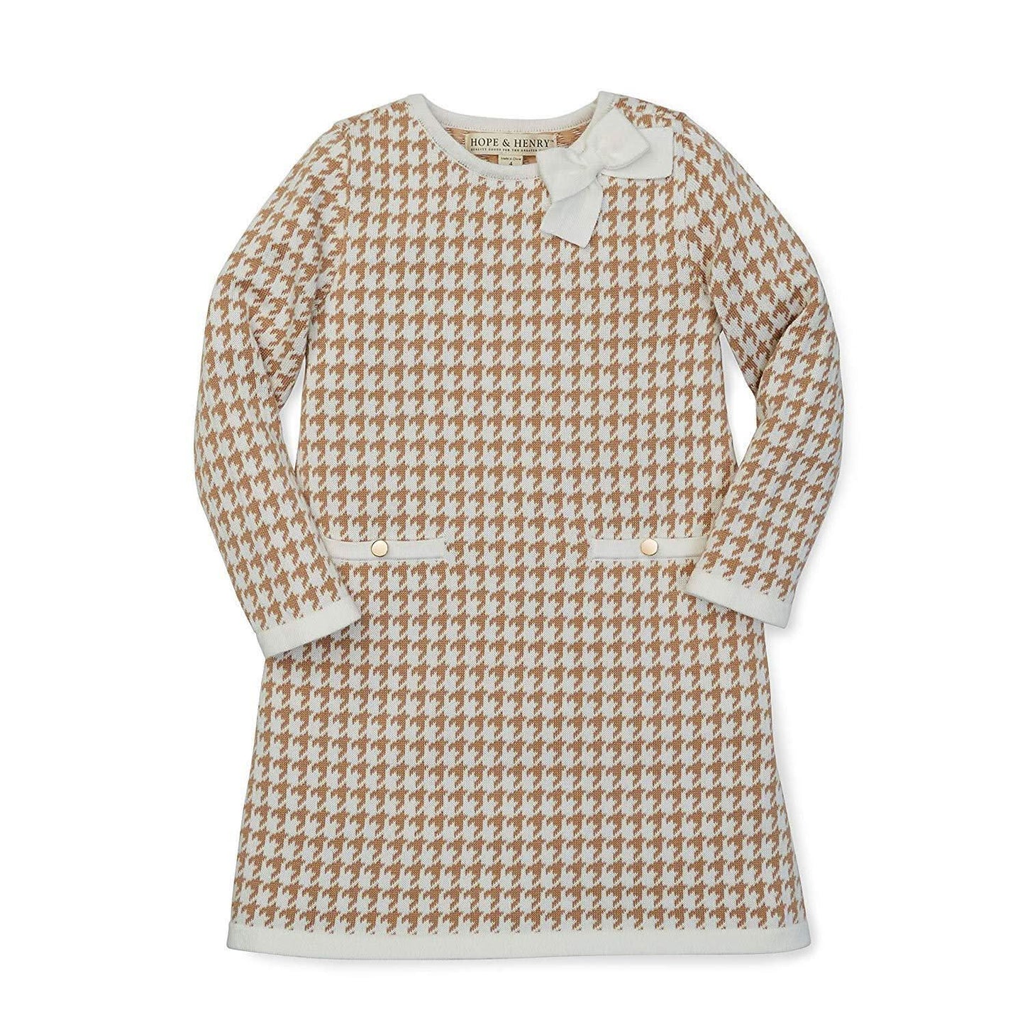 Girls Organic Houndstooth Sweater Dress - Tan