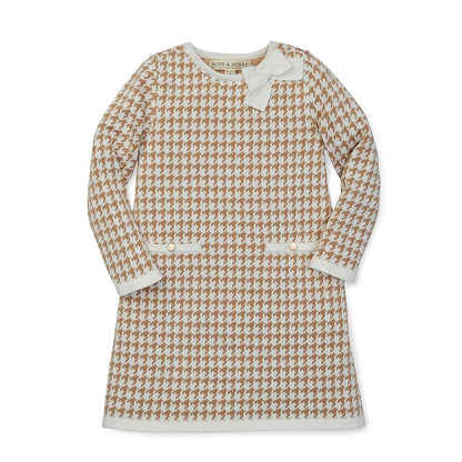Girls Organic Houndstooth Sweater Dress - Tan