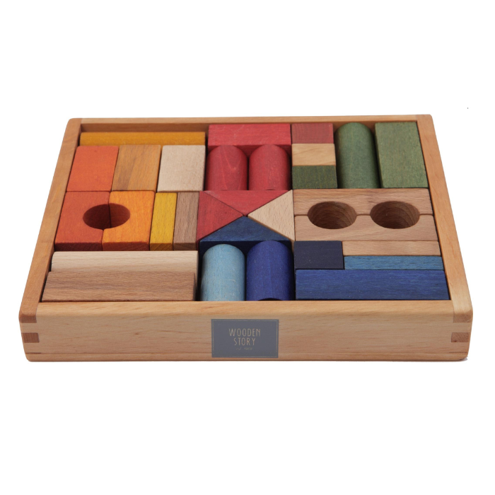 30pc Natural Wood Building Blocks & Tray Set - Rainbow