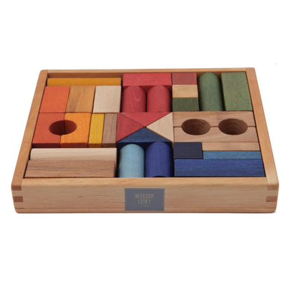 30pc Natural Wood Building Blocks & Tray Set - Rainbow