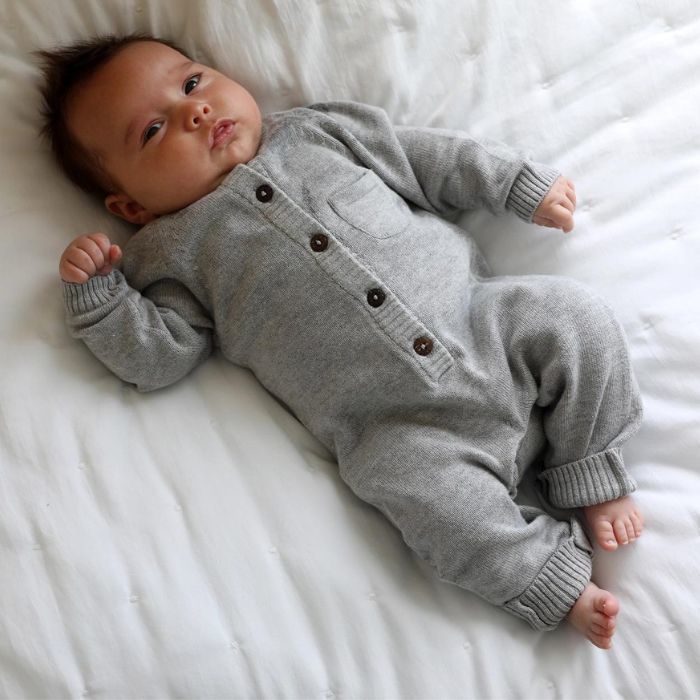 Milan Organic Baby Romper / Knit Sweater Button Jumpsuit on model baby