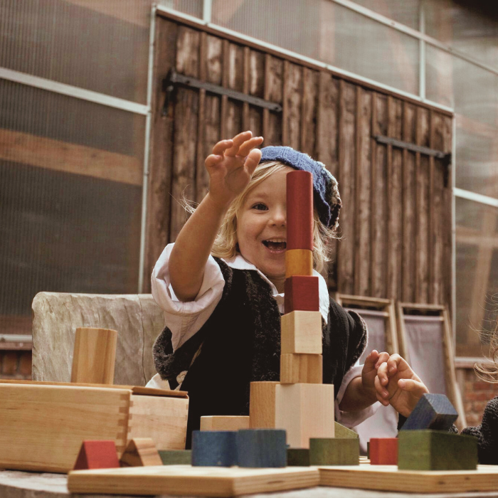 Montessori Shape Sorter Wooden Box & Stacking Blocks - Rainbow