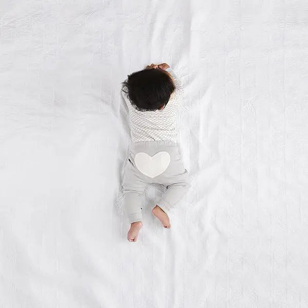 Organic Baby Pants - Heart Applique - Dove Gray - Back View on Baby Model White Background