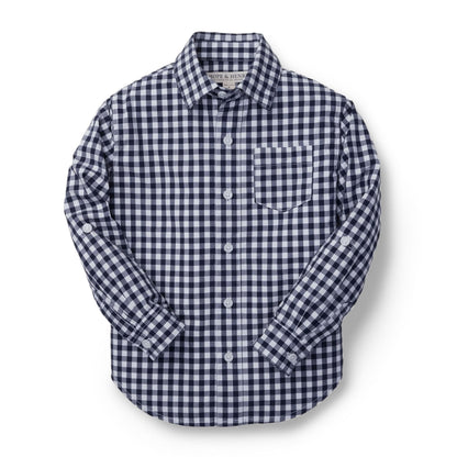 Boys Organic Poplin Button Down Shirt - Navy Gingham