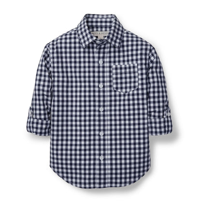 Boys Organic Poplin Button Down Shirt - Navy Gingham