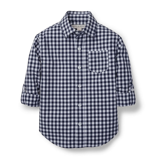 Boys Organic Poplin Button Down Shirt - Navy Gingham
