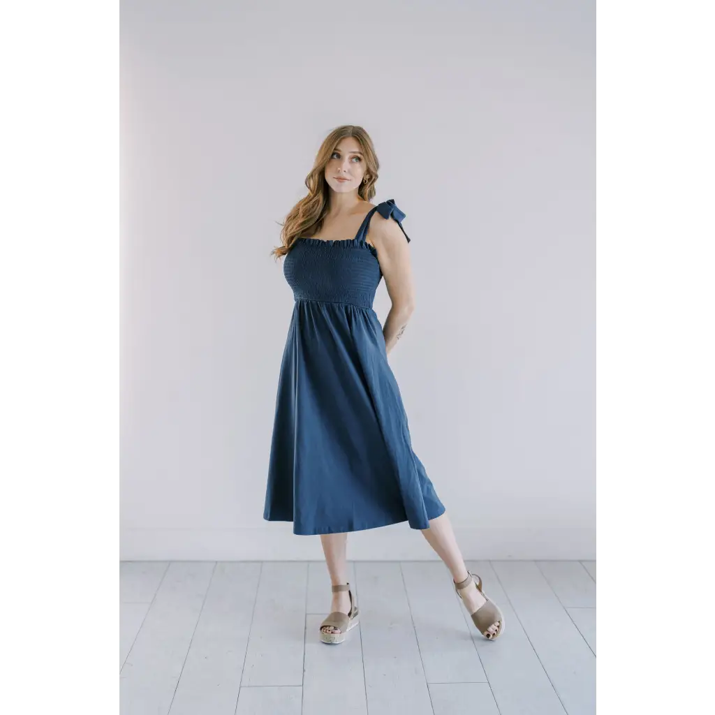 young women's dresses Organic Women's Smocked Day Dress - Navy