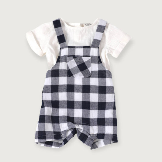 Organic Baby Outfit Romper & Shirt Set - Raphael Checker / Navy Gingham